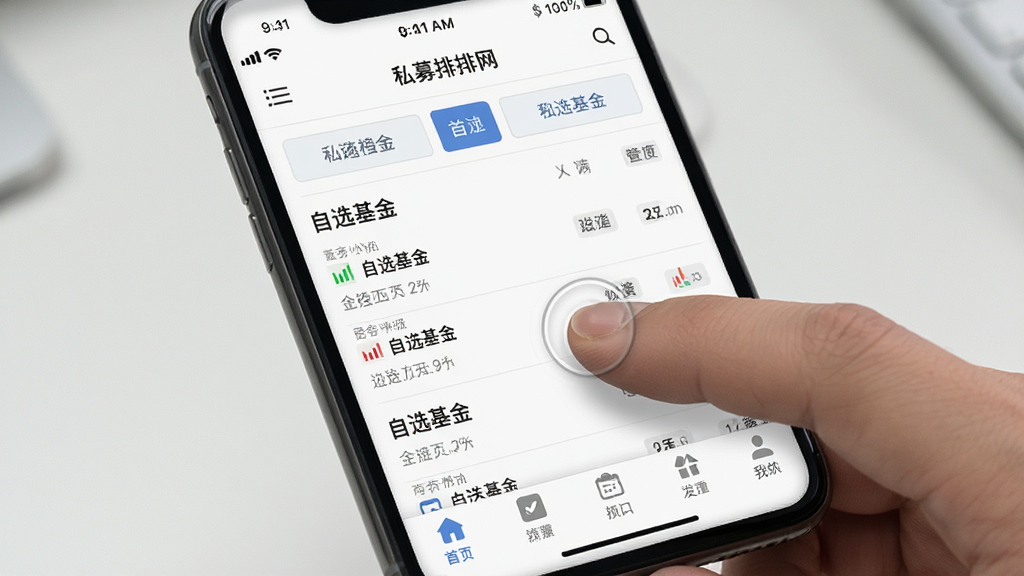 私募排排网移动端操作界面截图,手机屏幕内展示自选基金列表与底部导航栏,背景为白色简洁风格,布局上方为状态栏下方为功能按钮,细节包含手指点击屏幕的示意动作,画质高清干净无多余元素