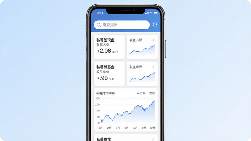 私募排排网应用主界面展示,手机屏幕居中放置,屏幕内呈现私募基金数据列表与图表走势,背景为简洁的浅蓝色渐变,主体清晰突出,布局上方为搜索栏下方为数据卡片,风格现代简约商务,细节包含基金名称、收益率数字、走势曲线,画质高清干净无多余元素