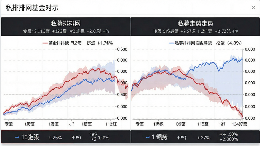 私募排排网基金对比功能展示,画面中央为两只基金业绩走势对比图,红蓝双线交叉呈现,背景为白色网格底纹,布局上方为基金名称下方为数据指标,风格专业清晰,细节包含图例标注和百分比数字,画质高清干净无多余元素