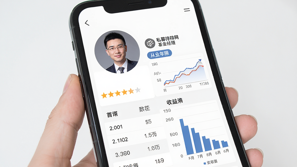 私募排排网基金经理分析页面展示,手机屏幕内呈现基金经理个人头像与业绩曲线图,头像旁有从业年限标签,背景为白色简洁风格,布局上方为头像下方为数据表格,细节包含星级评分和收益柱状图,画质高清干净无多余元素