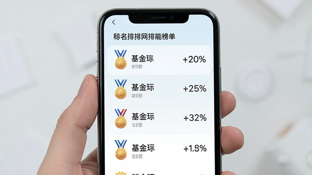 私募排排网排名榜单功能展示,画面为手机屏幕内显示排行榜列表,列表项包含排名数字、基金名称和收益率百分比,背景为浅色渐变,布局采用垂直列表形式,风格简洁明快,细节包含金银铜奖牌图标,画质清晰干净无多余元素