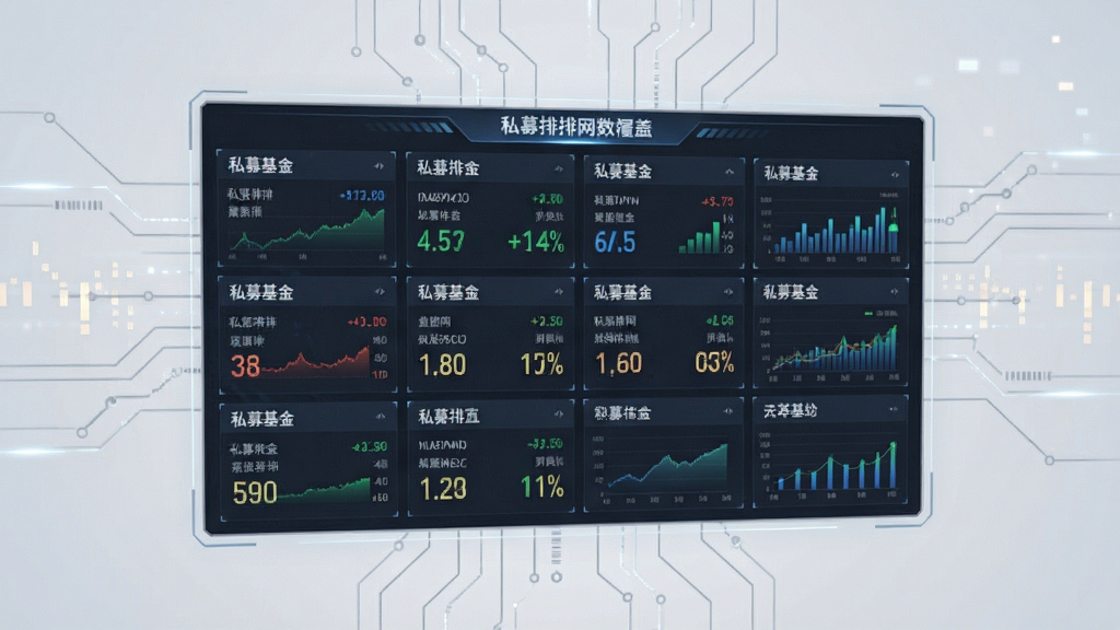 私募排排网数据覆盖功能展示,画面中央为一块虚拟数据看板,看板上排列着多只私募基金的名称和业绩数据,背景为淡灰色科技感线条,布局采用网格化排列,风格专业金融,细节包含数字跳动效果和图表元素,画质清晰干净无多余元素