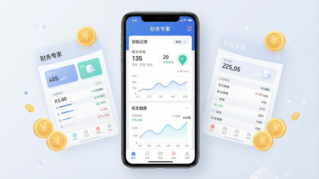 主体是财务专家APP的移动端界面展示,布局为中央悬浮一部智能手机,屏幕内呈现财务专家首页的记账仪表盘与收支趋势图,排版采用左右两侧环绕半透明财务报表与金币图标,风格为现代科技感扁平化设计,细节包括屏幕上清晰显示“财务专家”应用名称与简洁的收支分类图表,画质高清干净无多余元素