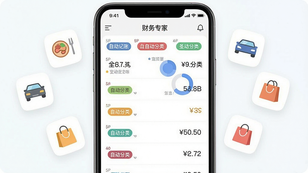 主体是财务专家APP的智能记账功能界面,布局为手机屏幕居中展示,屏幕内呈现账单列表与自动分类的彩色标签,排版上手机两侧漂浮着多种消费图标如餐盘、汽车、购物袋,风格为清新简约的UI设计风格,细节包括屏幕上清晰显示“财务专家”字样与分类占比圆环图,画质高清干净无多余元素