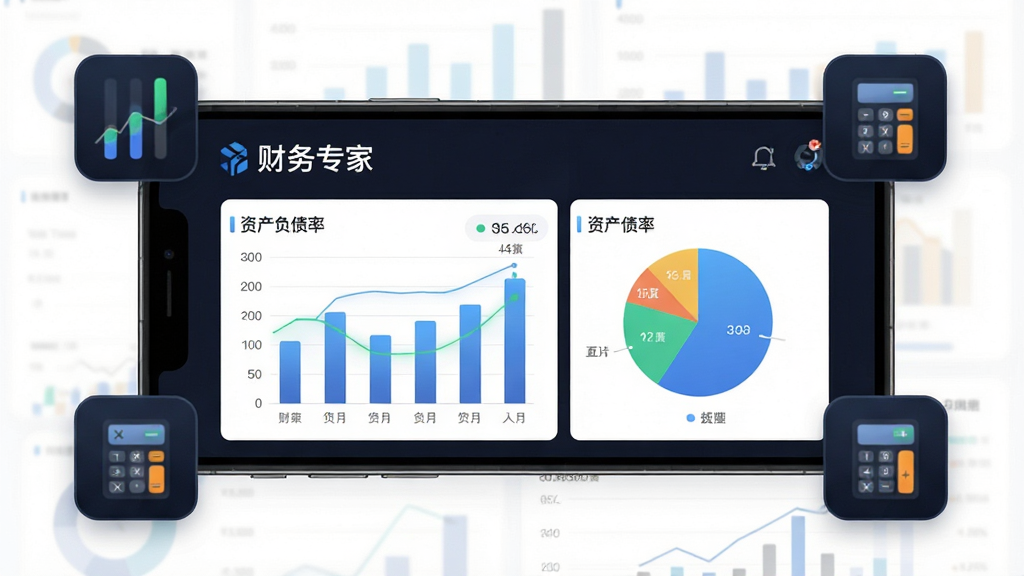 主体是财务专家APP的报表分析界面,布局为手机屏幕横向展示,屏幕内呈现柱状图与饼图组合的财务数据看板,排版上手机周围环绕数据图表与计算器图标,风格为商务科技感深色主题,细节包括屏幕上清晰显示“财务专家”应用名称与资产负债率数字,画质高清干净无多余元素
