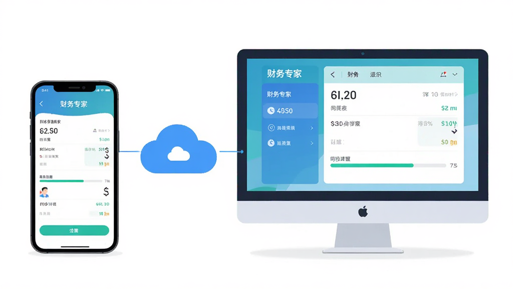 主体是财务专家APP在手机与电脑模拟器上同步运行的场景,布局为左侧手机右侧电脑屏幕,排版上两者之间用云朵图标连接表示云端同步,风格为扁平化科技插画风格,细节包括手机和电脑屏幕上均显示“财务专家”的记账界面与同步进度条,画质高清干净无多余元素
