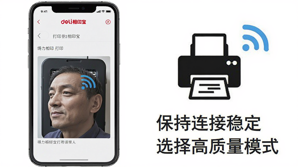 一张展示得力相印宝使用技巧的示意图,画面中手机屏幕显示得力相印宝的打印设置页面,旁边有打印机图标和WiFi信号图标,画面中有文字标注「保持连接稳定」「选择高质量模式」,风格简洁实用,排版清晰,画质高清,无多余装饰