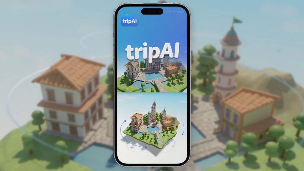一张tripAI软件中3D模型生成功能的展示图,画面主体为手机屏幕显示一个3D旅行场景模型,布局为竖版手机界面居中,排版上方为