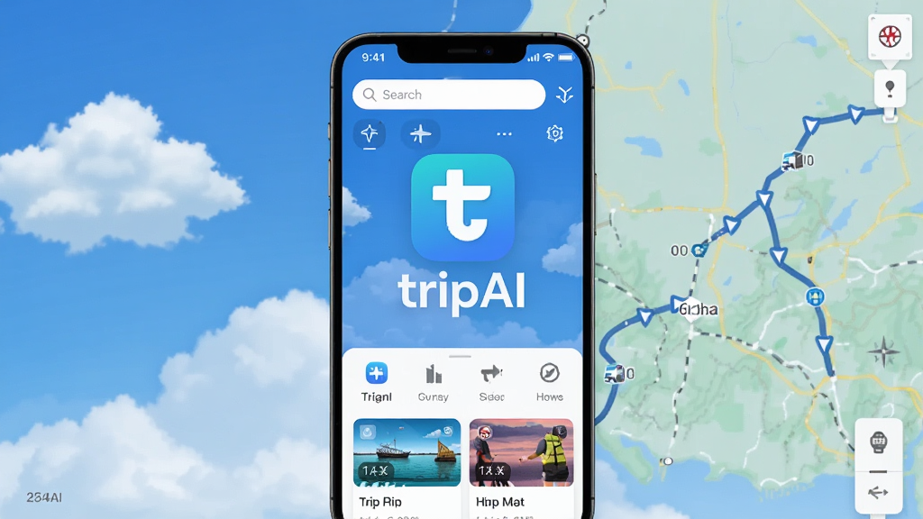 一张展示tripAI软件主界面的手机截图,画面中央是tripAI的Logo和名称