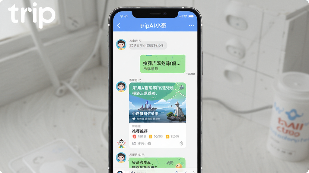 一张tripAI软件中小奇旅行助手对话界面的展示图,画面主体为手机屏幕显示聊天对话窗口,布局为竖版手机界面,排版上方为