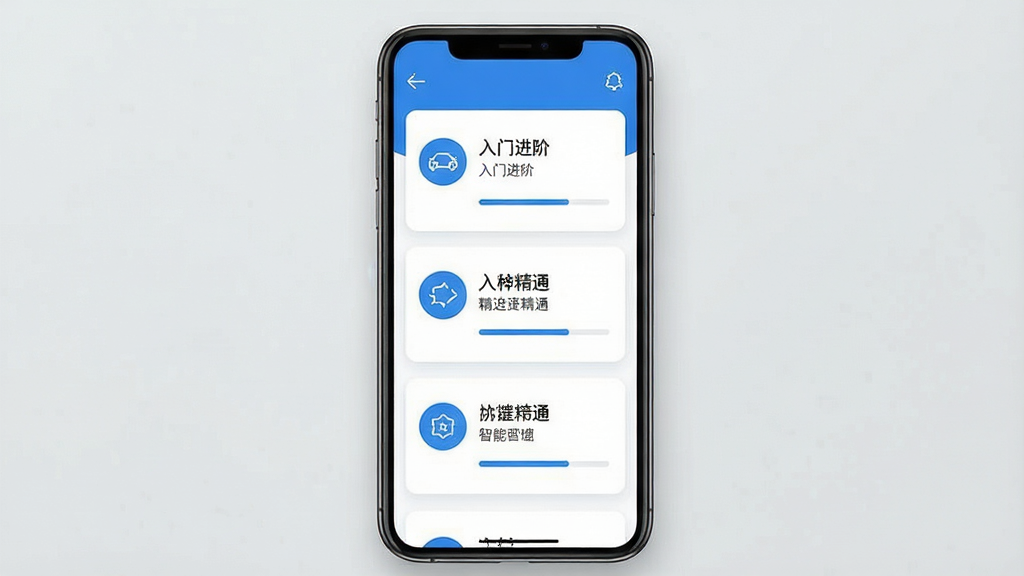 一张智能电动车科普软件的知识分类页面截图风格图片,主体为手机屏幕显示三层知识卡片,分别标注入门进阶精通,布局为纵向排列,排版整洁,风格为现代简约UI设计,细节包括蓝白配色、圆形图标、进度条元素,画质高清,干净,无多余元素