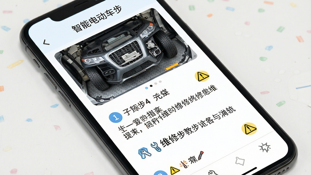 一张展示智能电动车科普软件维修教程页面的图片,主体为手机屏幕显示图文并茂的维修步骤,布局为上下结构,上方为故障图片下方为文字说明,风格为清新教程风,细节包括工具图标、步骤编号、警示标识,画质高清,干净,无多余元素