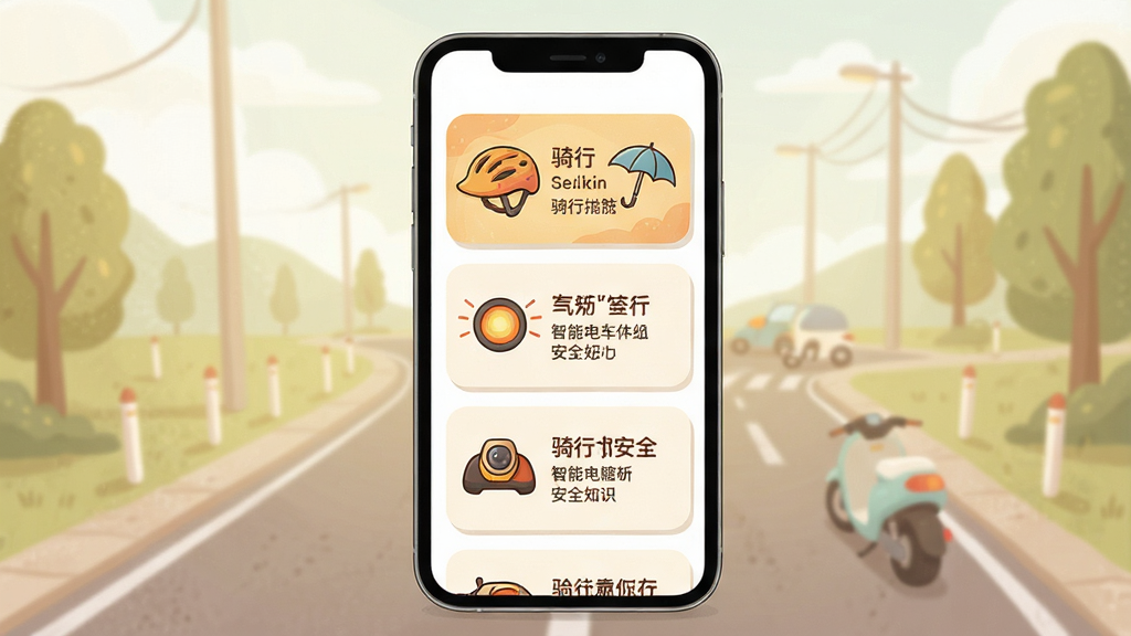 一张智能电动车科普软件安全知识页面的图片,主体为手机屏幕显示骑行安全提示卡片,布局为卡片式纵向排列,风格为温暖插画风,细节包括头盔、雨伞、车灯等图标元素,画质高清,干净,无多余元素