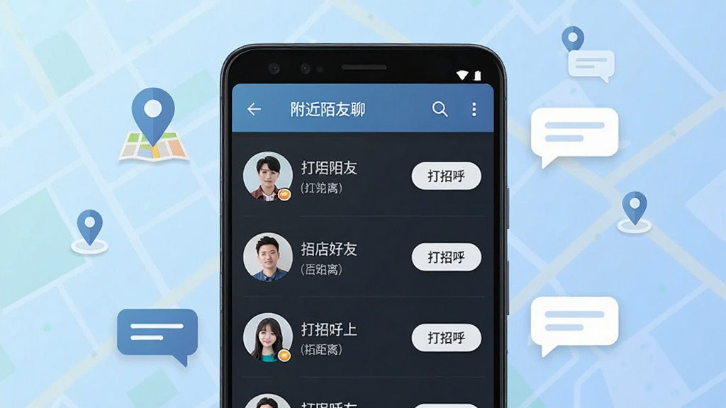 一张展示附近陌友聊软件界面的手机场景图,画面中央是一部竖屏安卓手机,屏幕内显示附近陌友聊的推荐好友列表,左侧是用户头像和距离标签,右侧是打招呼按钮,手机周围环绕着城市地图定位图标和聊天气泡,背景为浅蓝色渐变,风格简洁现代,细节清晰,画质干净,无多余元素