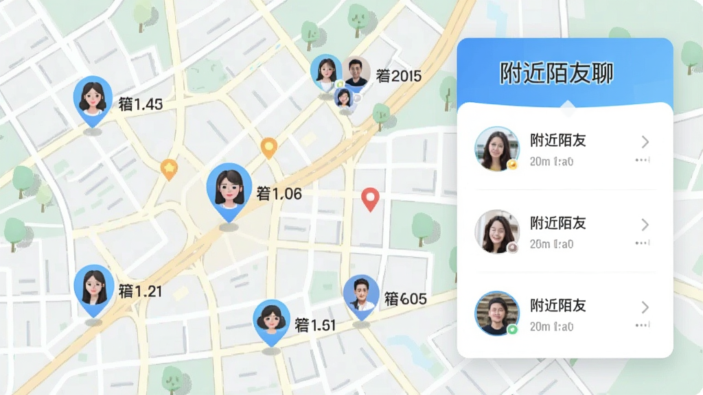 一张以城市地图为背景的附近陌友聊功能示意图,地图上散布着多个用户头像标记,每个标记旁标注距离数值,画面右侧展示一个推荐列表卡片,卡片上写有“附近陌友聊”字样,整体风格清新明快,布局清晰,画质干净,无多余元素