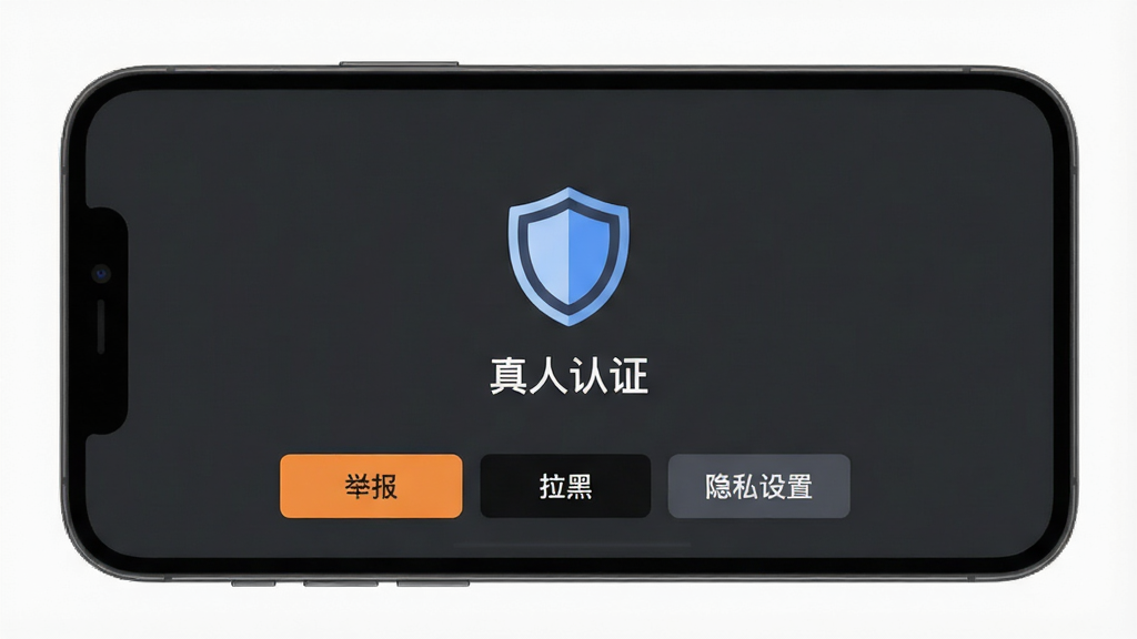一张附近陌友聊安全中心界面示意图,手机屏幕中央显示盾牌图标和“真人认证”字样,下方有举报、拉黑、隐私设置等按钮,背景为深灰色调,风格沉稳专业,画质干净,无多余元素