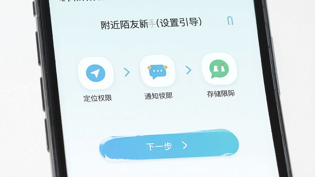一张附近陌友聊新手设置引导界面示意图,手机屏幕显示权限开启步骤,包括定位权限、通知权限、存储权限三个图标依次排列,下方有“下一步”按钮,风格清新浅色,布局清晰,画质干净,无多余元素