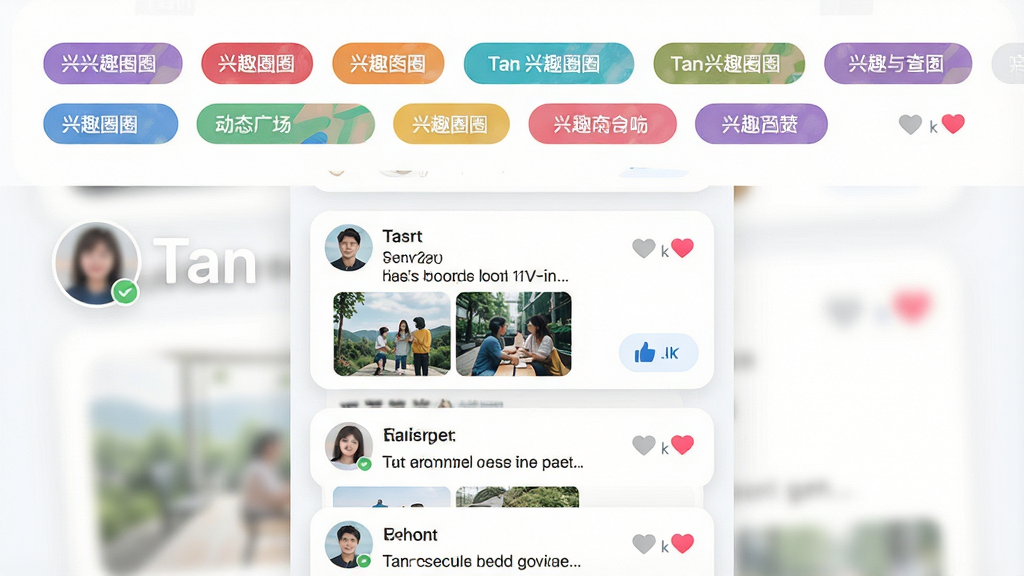 一张展示Tan兴趣圈子与动态广场功能的场景图,画面分为上下两部分,上半部分是多个兴趣圈子标签横向排列,下半部分是动态卡片瀑布流,每张卡片包含用户头像、文字内容、图片缩略图和点赞按钮,画面中带有“Tan”标识,布局为纵向信息流,风格清爽明亮,细节包括圆角卡片、彩色标签、点赞爱心图标,画质高清,干净,无多余元素