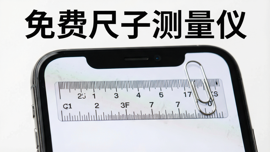 一张手机屏幕特写图,屏幕上显示着一把带有刻度的虚拟尺子,刻度线精细,屏幕边缘贴合着一枚回形针,画面风格写实,细节清晰,画质干净,无多余元素,画面上方有文字“免费尺子测量仪”
