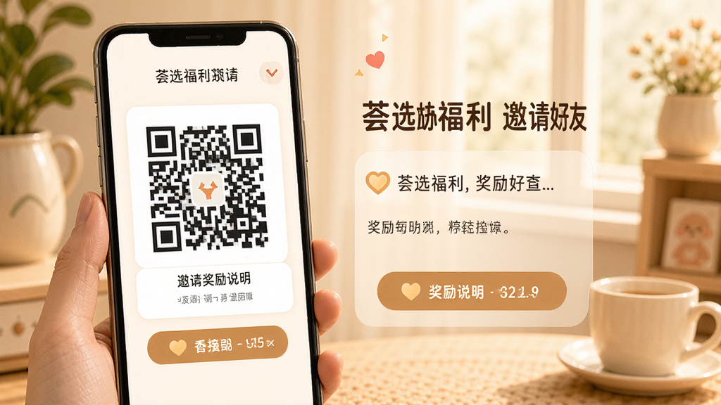 荟选福利邀请好友页面,屏幕显示邀请二维码和奖励说明,背景温馨,风格友好,细节清晰,画质干净
