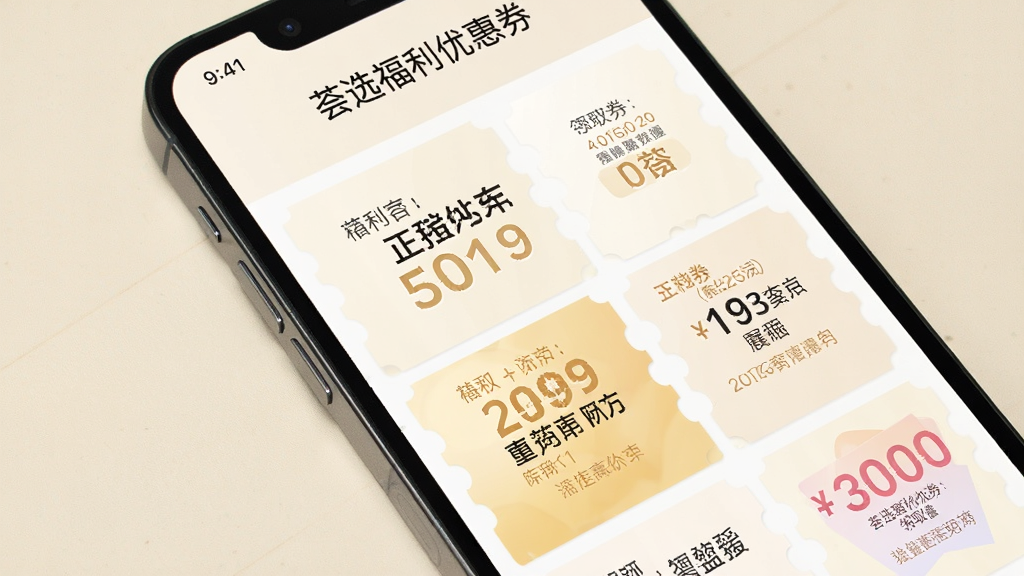 手机屏幕显示荟选福利优惠券领取页面,画面中有多张不同面额的优惠券整齐排列,背景为浅色,风格清新,细节清晰,画质干净