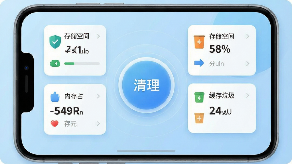 一幅安卓手机界面展示图,画面中央是捷畅极速清理软件的主界面,圆形清理按钮占据视觉中心,周围环绕着存储空间、内存占用、缓存垃圾等数据卡片,背景为干净的浅蓝渐变色调,整体布局简洁明快,风格为扁平化科技感UI设计,细节上按钮带有微弱光晕效果,手机边框圆润,画质清晰,干净,无多余元素