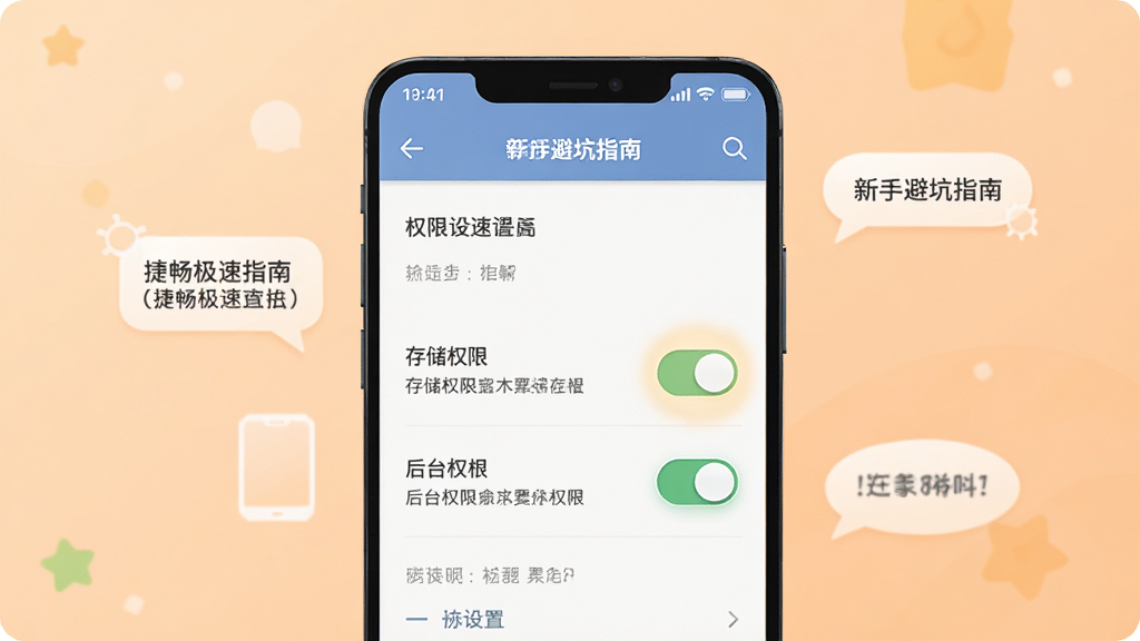 一部安卓手机展示捷畅极速清理软件的“新手避坑指南”相关界面,画面中手机屏幕显示权限设置页面,重点标注存储权限与后台权限的开关状态,背景为柔和的浅橙色渐变,风格为温馨友好的扁平化设计,布局上手机居中,周围有淡淡的提示气泡,细节上开关按钮带有微光,画质清晰,干净,无多余元素