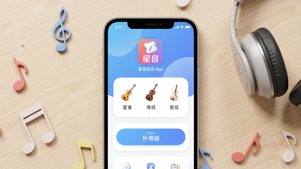 主体为一部智能手机,屏幕显示星音在线APP的音乐考级报名界面,界面中包含乐器图标和等级选择按钮,布局为手机居中放置于浅色木质桌面,周围点缀音符装饰与耳机,排版采用上下结构上方为软件Logo下方为功能界面截图,风格为现代简约扁平化设计,细节包括柔和的蓝色渐变背景、圆角卡片式布局、清晰的文字标签,画质为高清1080P,干净无多余元素