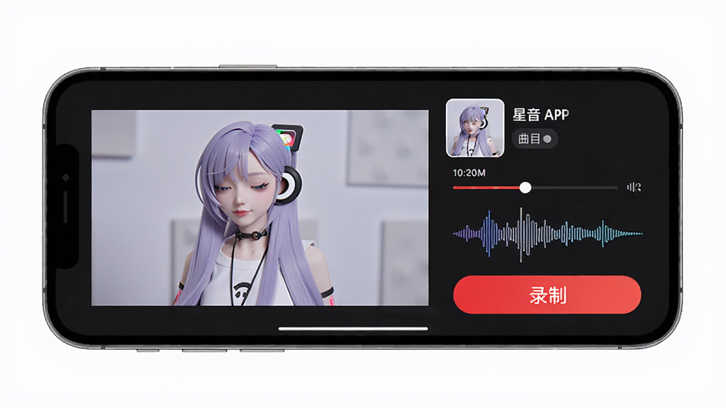 主体为星音在线APP的视频录制界面,布局为手机横屏展示,排版左侧为录制预览画面右侧为曲目信息和录制按钮,风格为专业工具类UI设计,细节包括红色录制圆点按钮、时间轴进度条、音量波形显示、曲目名称文字标签,画质为高清2K,干净无多余元素