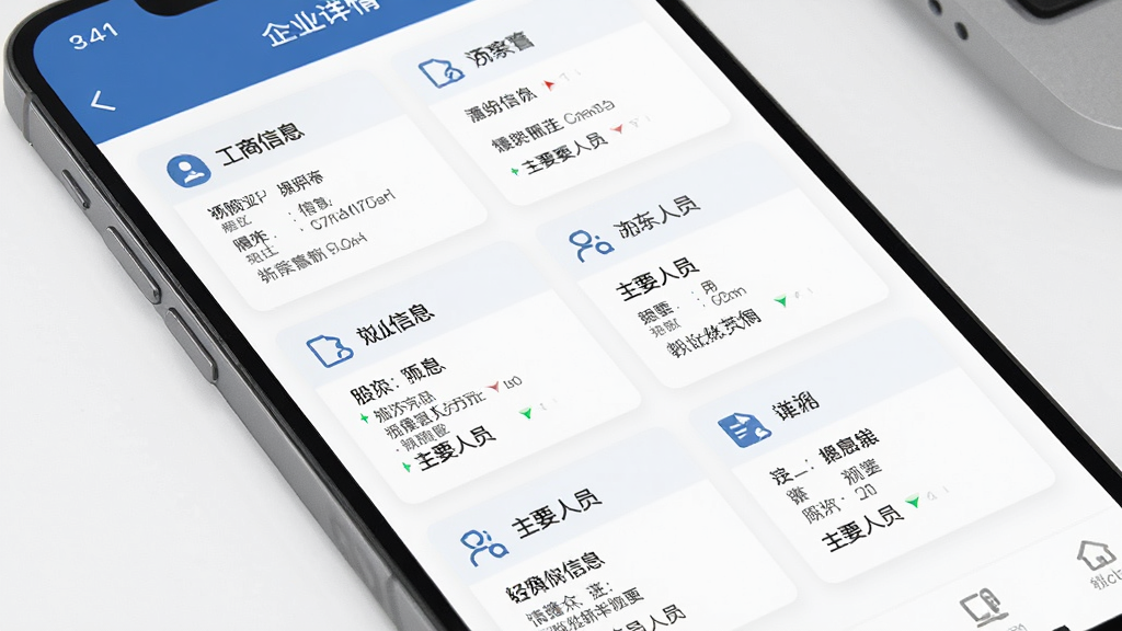 企业信息免费通多维度信息聚合展示界面,画面中手机屏幕显示企业详情页,包含工商信息、股东信息、主要人员等多个信息模块卡片,布局整齐,风格为清爽商务风,细节包含图标与数据字段,画质清晰,干净无多余元素