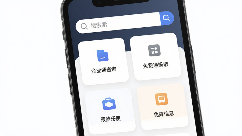 企业信息免费通软件主界面截图,展示手机屏幕上排列整齐的企业查询功能入口,包含搜索框与各类信息卡片,整体布局简洁清晰,风格为现代商务简约风,细节包含图标与文字标签,画质高清,干净无多余元素