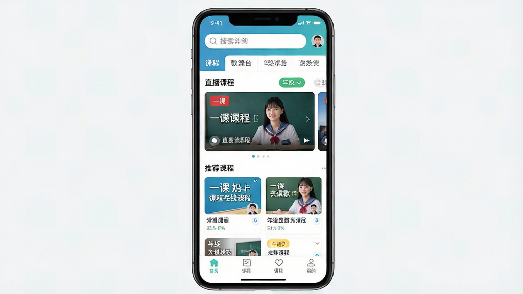 一张展示“一课”在线教育平台首页的手机界面截图,画面中央是打开的应用主页面,顶部有搜索栏和课程分类标签,中间是直播课程轮播图与推荐课程卡片,底部为导航栏。整体布局清晰,排版整齐,风格简洁明快,细节上体现课程封面、教师头像、年级筛选按钮等元素,画质高清,画面干净,无多余元素。