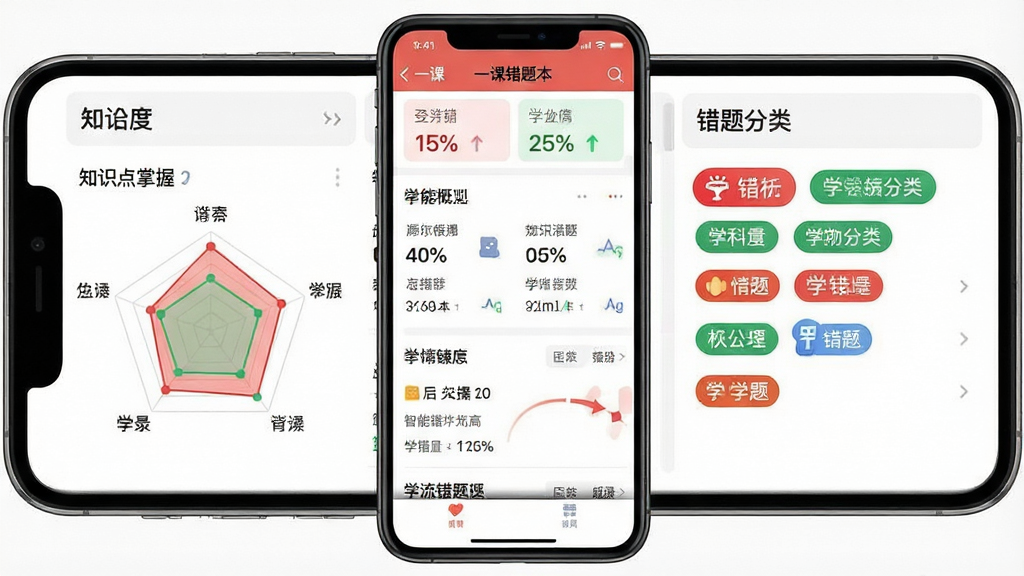 一张展示“一课”APP内智能错题本与学情报告页面的手机截图,画面中央是数据图表和错题列表,左侧有知识点掌握度雷达图,右侧是错题分类标签。布局分为上下两部分,上方为统计概览,下方为详细列表。风格现代简洁,细节上体现红绿标注、百分比数字、学科图标等,画质清晰,画面干净,无多余元素。