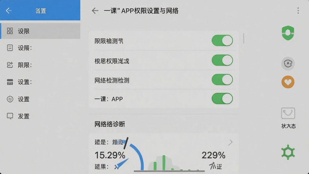 一张展示“一课”APP权限设置与网络检测页面的手机截图,画面中央是权限开关列表和网络测速结果,左侧有设置菜单,右侧是状态指示图标。布局分为上下两部分,上方为权限管理,下方为网络诊断。风格简洁实用,细节上体现开关按钮、信号强度条、延迟数字等,画质清晰,画面干净,无多余元素。