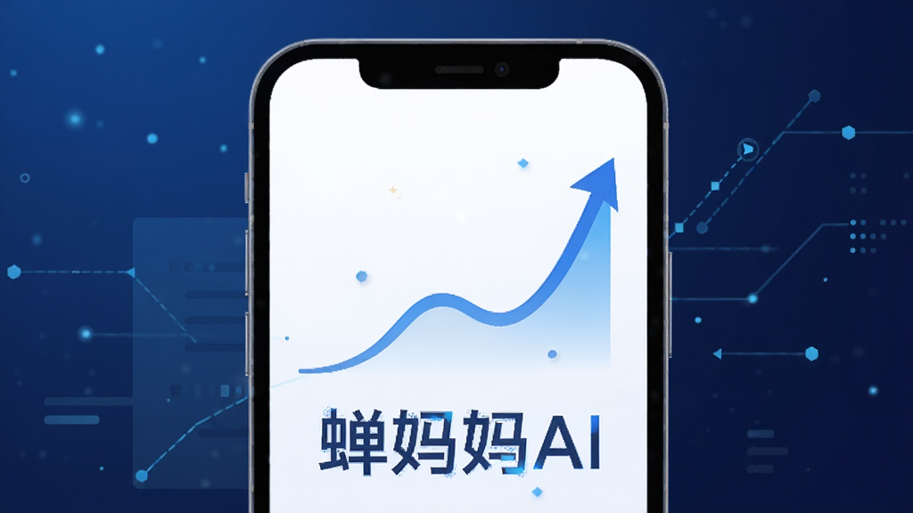 一张抽象科技风格插图,画面中有一部智能手机,屏幕显示上升的曲线与“蝉妈妈AI”字样,背景为深蓝色渐变,点缀光点与数据线条,整体风格简洁大气,画质干净无多余元素
