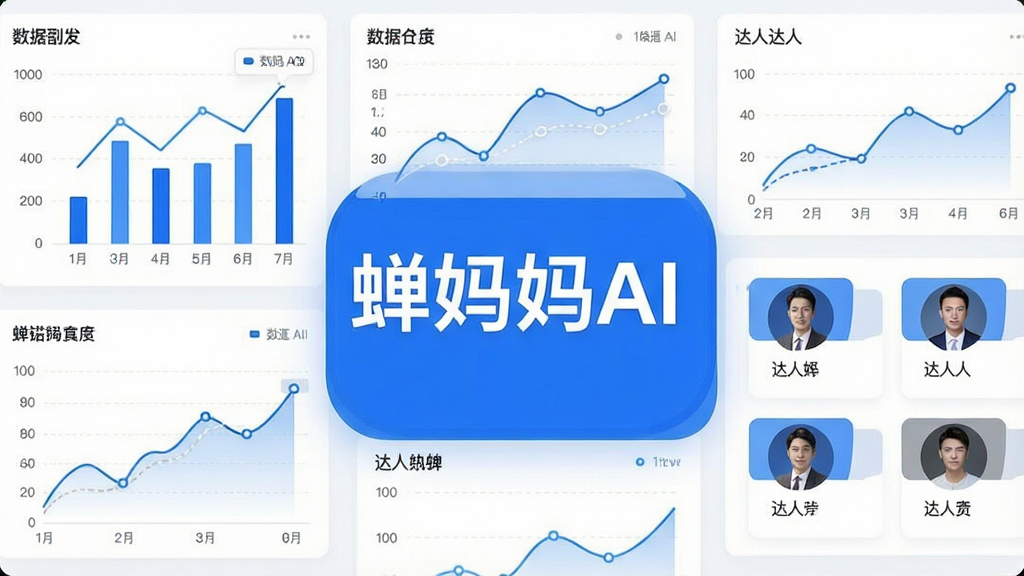 一张数据可视化界面截图风格图片,画面中央显示“蝉妈妈AI”文字标识,周围环绕柱状图、折线图与达人头像卡片,配色以蓝白为主,布局整洁,风格现代科技感,细节丰富,画质清晰干净
