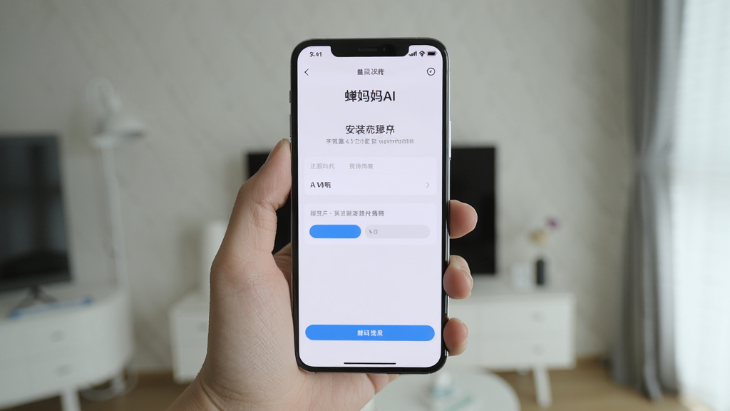 一张手机操作示意图,画面中一只手拿着手机,屏幕显示“蝉妈妈AI”安装权限设置页面,背景为简洁的室内环境,风格写实清晰,画质干净,无多余元素