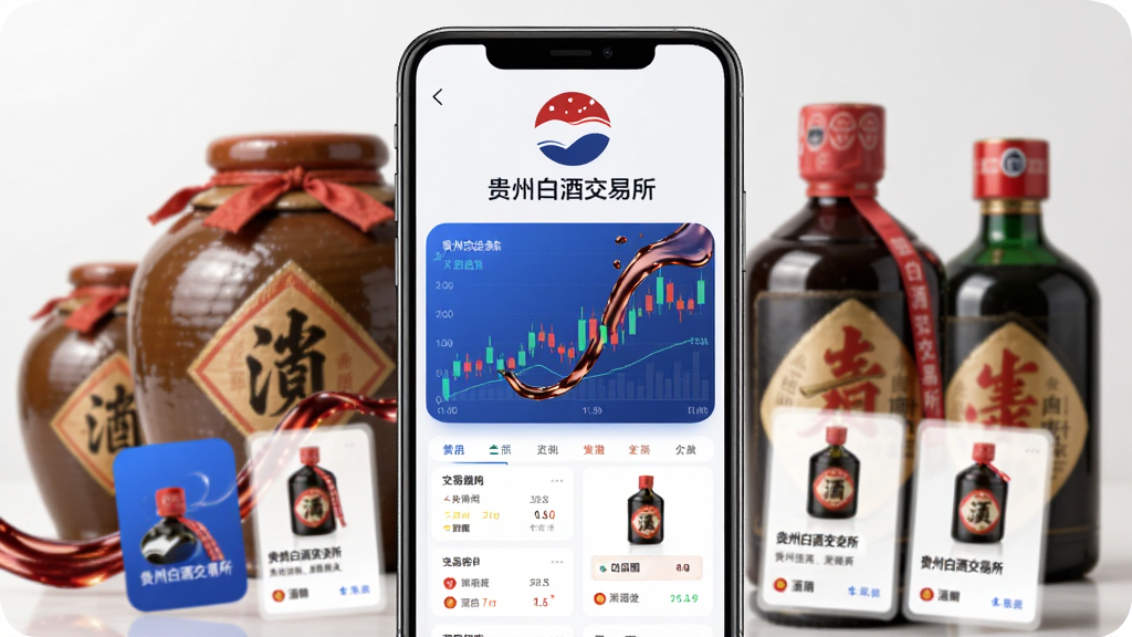 主体为一部智能手机展示贵州白酒交易所应用界面,布局为手机居中、周围环绕贵州茅台镇酒坛与酒瓶元素,排版采用上下结构上方为应用Logo下方为交易数据图表,风格为现代商务科技感,细节包含蓝色主色调、酒液流动光效、K线图与酒品卡片,画质高清干净无多余元素,画面中文字标注“贵州白酒交易所”