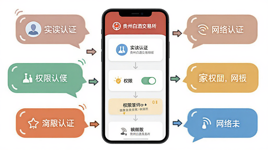 主体为手机屏幕显示贵州白酒交易所新手引导页面,布局为手机居中、周围环绕提示气泡与箭头指引,排版为纵向流程式,风格为扁平化插画风,细节包含实名认证图标、权限开关、网络信号标识,画质高清干净无多余元素,画面中文字标注“贵州白酒交易所”