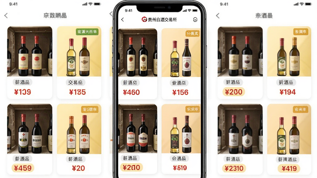 主体为手机应用内多个酒品分类货架,布局为网格状排列,排版为整齐的卡片式布局,风格为清新电商风,细节包含不同颜色酒瓶、价格标签、分类标签,画质高清干净无多余元素,画面中文字标注“贵州白酒交易所”