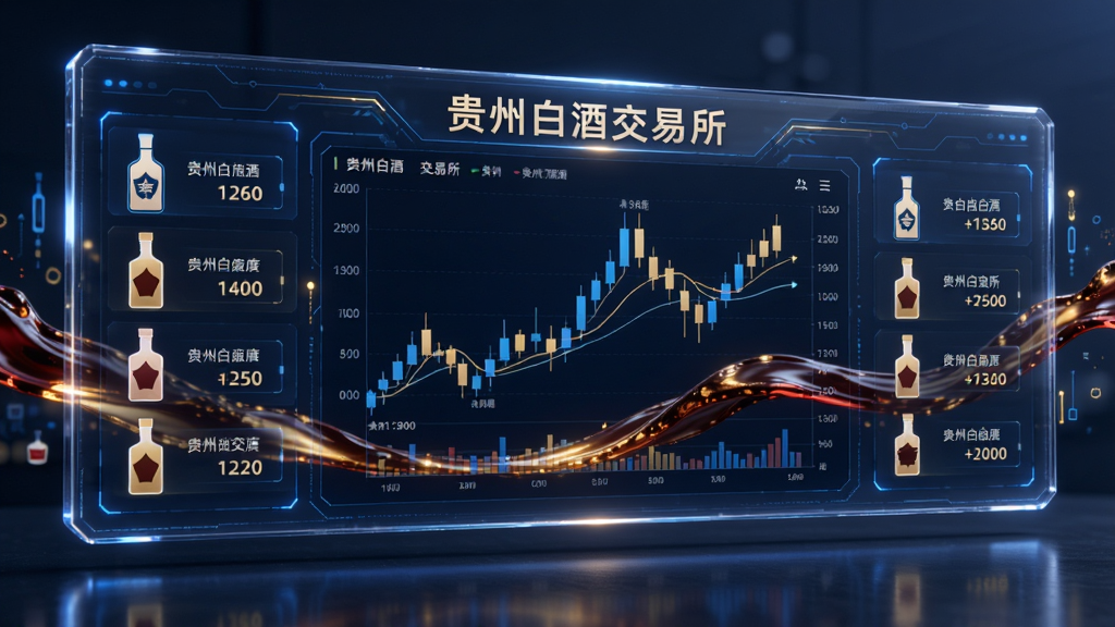 主体为一块悬浮的透明数据大屏,布局为中央显示贵州白酒交易所行情K线图、两侧排列酒瓶图标与价格标签,排版为横向展开,风格为科技金融风,细节包含蓝色与金色搭配、酒液流动光效、数字跳动效果,画质高清干净无多余元素,画面中文字标注“贵州白酒交易所”