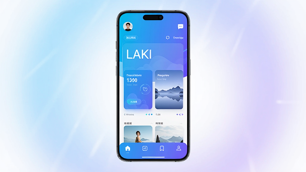 一张展示LAKI手机应用界面的预览图,画面中央是一部竖屏智能手机,屏幕内显示LAKI应用的主页,底部有导航栏,顶部有用户头像和消息图标,整体配色以明快的蓝紫色调为主,背景为柔和的渐变光晕,风格简洁现代,画质清晰,干净无多余元素