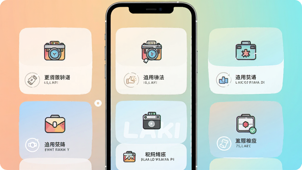 一张LAKI互动玩法页面的示意图,画面展示手机屏幕内多个功能卡片整齐排列,卡片上有图标和简短文字标签,背景为柔和渐变色,风格活泼明快,画质清晰,无杂乱元素