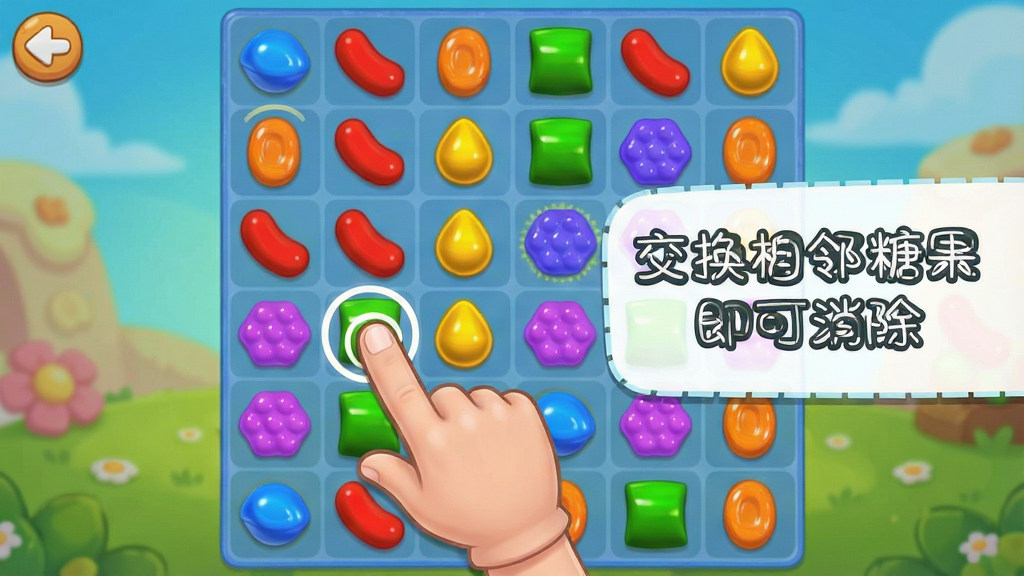 宾果消消消新手教程截图,画面中显示游戏引导界面,有手指点击糖果的动画提示,旁边有文字说明“交换相邻糖果即可消除”,背景是游戏棋盘,风格清新卡通,画质清晰,干净无多余元素