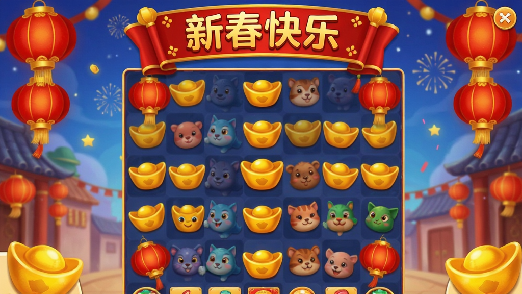宾果消消消节日活动界面截图,画面中显示春节主题的消除棋盘,有红色的灯笼和金色的元宝元素,活动横幅上写着“新春快乐”,整体风格喜庆热闹,画质清晰,干净无多余元素