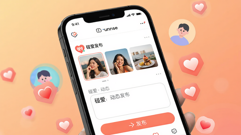 手机屏幕展示“碰爱”动态发布页面,界面中有图片缩略图、文字输入框和发布按钮。画面一侧有抽象的用户头像和点赞爱心图标漂浮,背景采用柔和的暖色调渐变。整体排版清爽,细节丰富,画质干净,突出社交动态分享功能。