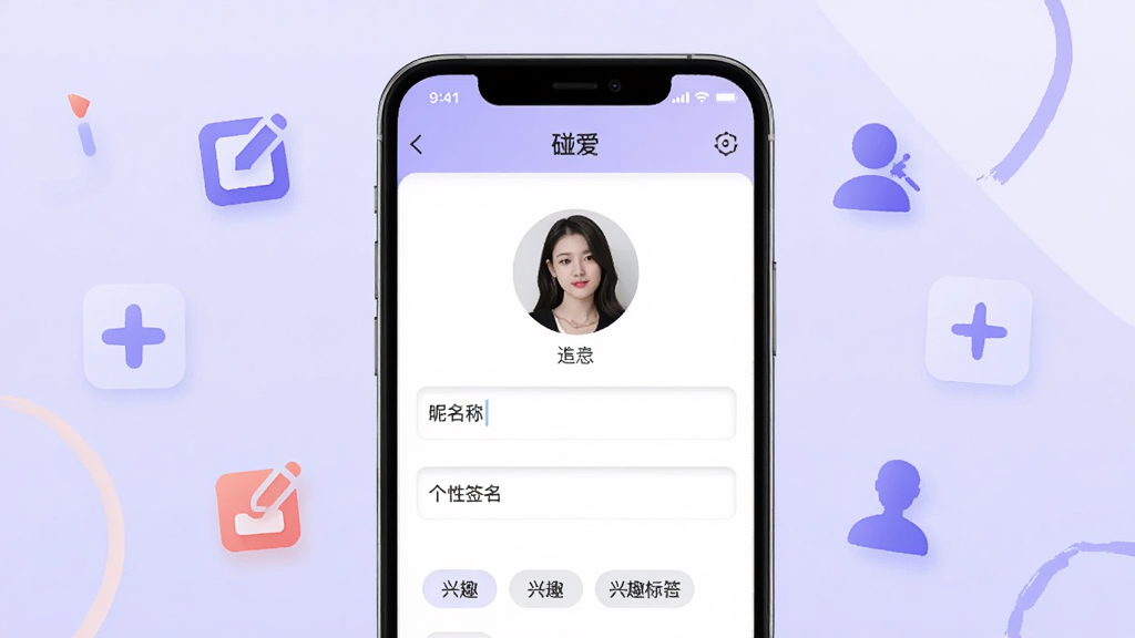 手机展示“碰爱”个人资料编辑页面,界面中包含头像上传区域、昵称输入框、个性签名栏和兴趣标签选择区。周围有抽象的编辑图标和用户剪影装饰,背景为浅紫色渐变。整体设计简洁大方,画质干净,突出个人资料管理功能。