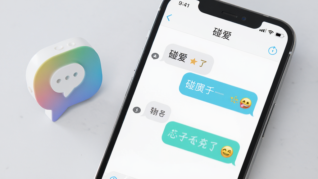 一部智能手机特写,屏幕显示“碰爱”即时聊天界面,对话气泡中带有文字和表情符号,界面配色清新简洁。手机旁放置一个抽象的对话气泡图标,背景为浅灰色调,整体风格干净利落,突出聊天功能的核心体验,画质清晰,无杂乱元素。