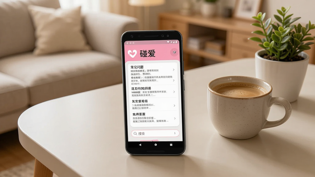 一部安卓手机放置在浅色桌面上,屏幕显示“碰爱”的问答帮助页面,界面中有常见问题列表和搜索框。手机旁边有一杯咖啡和一盆小绿植,背景为温馨的居家环境。整体色调柔和,画质清晰,突出实用问答场景,无多余元素。