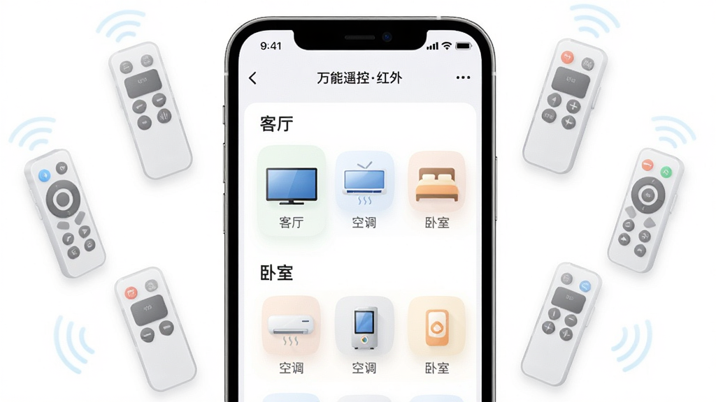 画面展示一部手机屏幕,屏幕上显示万能遥控红外应用的多设备管理界面,界面中分列着“客厅”和“卧室”两个分组,每个分组下都有电视、空调等设备图标。手机旁边漂浮着几个半透明的遥控器图标,象征着多设备控制。布局为手机居中,周围元素环绕,风格为简洁的UI展示图,细节上界面文字清晰,图标色彩柔和,画质高清,画面干净,无多余元素。